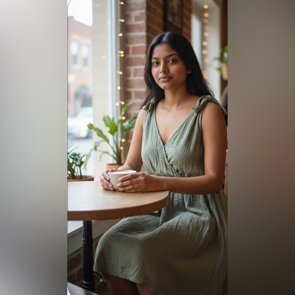 Casual Sage Green Linen 
Crinkle,baby doll dress
shoulder ties soft & breathable - Picture 3 of 8